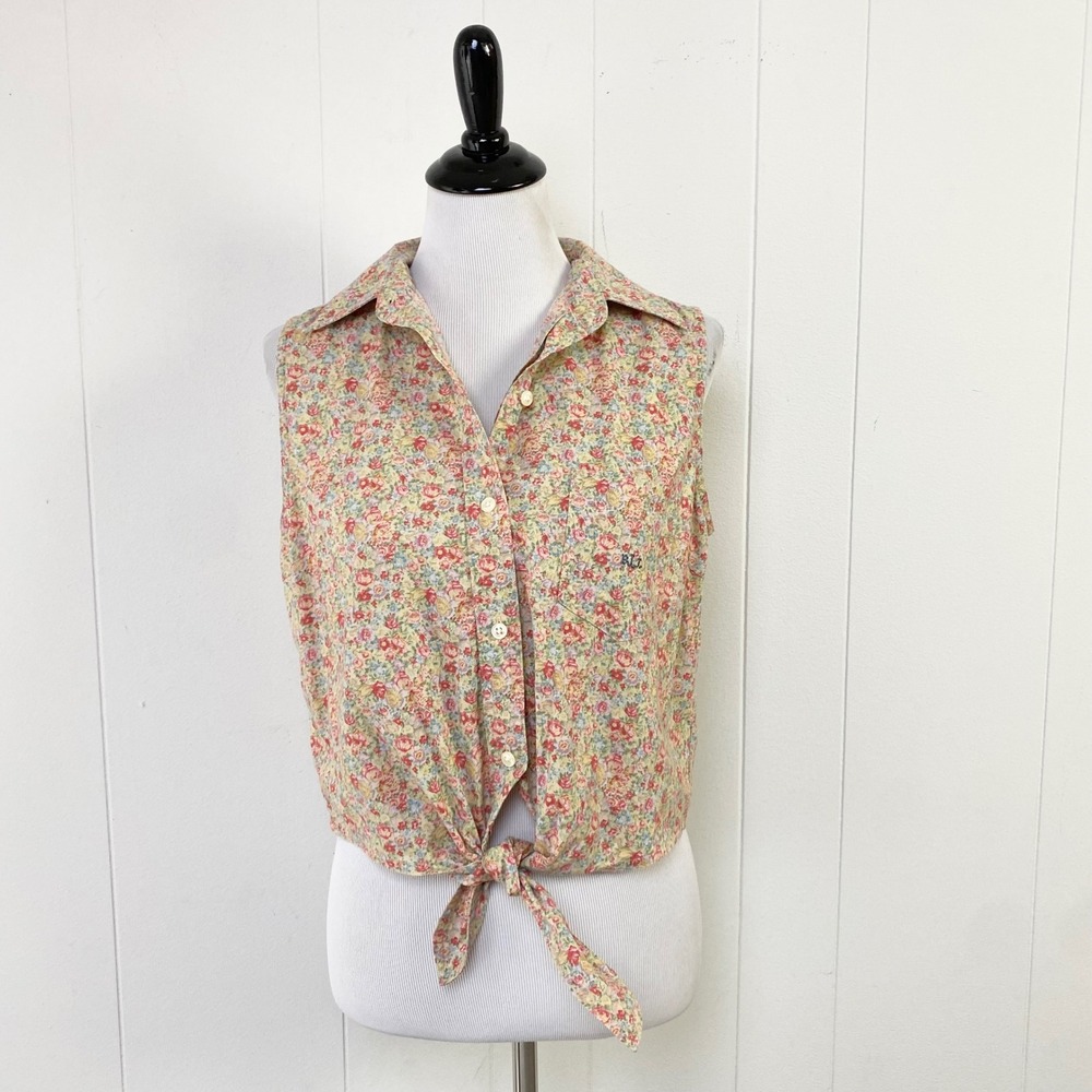 VTG Lauren Ralph Lauren Floral Sleeveless Tie Front Button Down Top Sz 10